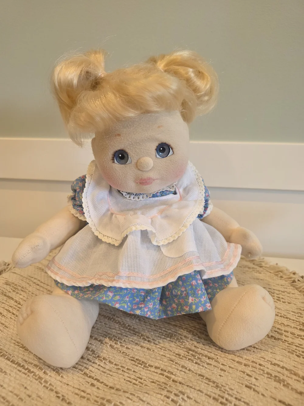Vintage 1985 My Child Blonde Hair Blue Eyes Baby Doll in Blue Floral Dress